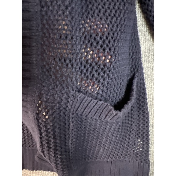Talbots Petite Meduim Cardigan Navy Blue100% Cotton Open Weave Mesh Knit Pockets - Picture 2 of 8